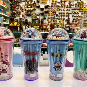 500ML Water Bottle Doremon Glitter Rainbow Color Plastic Straw Cup